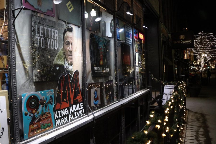 the outside of Homers Record Store Decorated for the holiday season