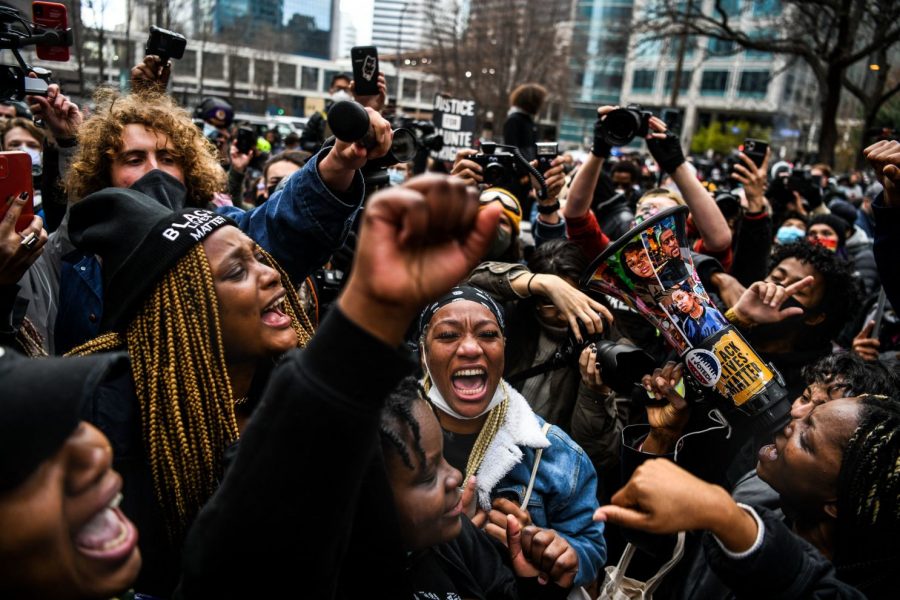 Crowds of people getting emotional after hearing the verdict of the Derek Chauvin Trial. Photo by LA Times
