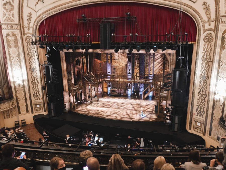 The set of Hamilton is a stage built on top of a stage. The complex set features a spinning floor that is used multiple times throughout the performance.
