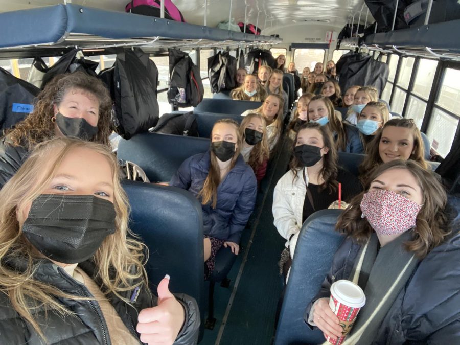 The girls of adrENaline taking a bus selfie before competing at their first meet in Gretna. 