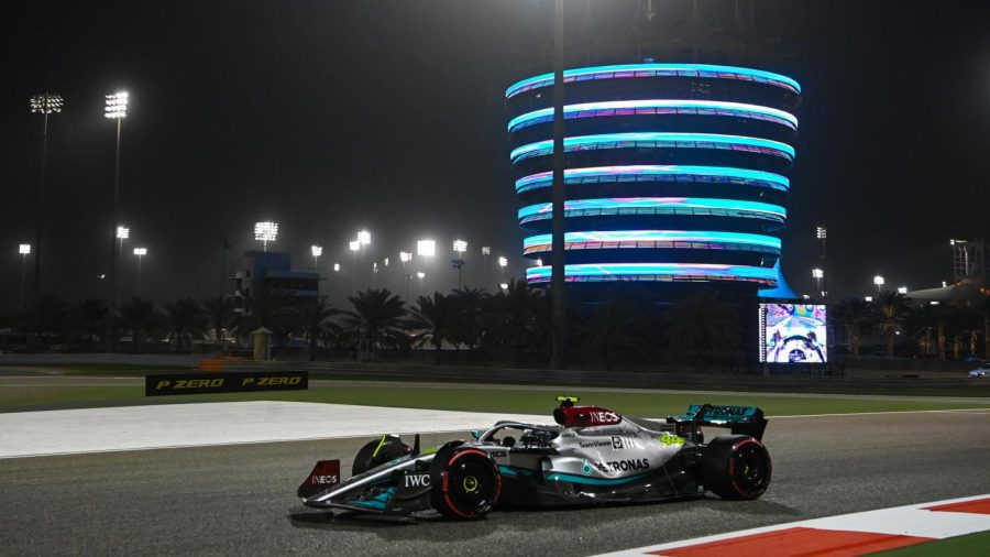 Mercedes brand new 2022 car for the season ahead. The car is in Bahrain, the first track of the 2022 season. 