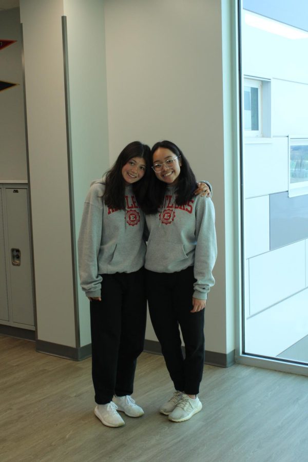 Newspaper staff, Tara and Alicia, show off their school spirit for twin day.  