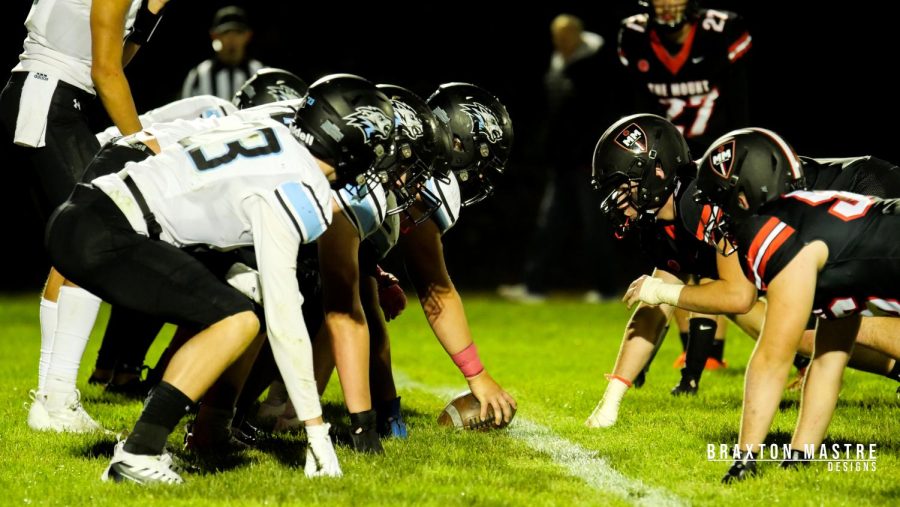 The offensive line getting set for the snap in the Elkhorn North Vs Mount Michael game.