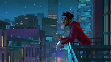 Jabari leaning on his balcony  looking at Manhattan at night.