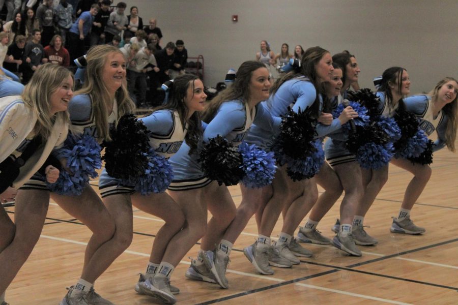 (Left to Right) Sydney Keller, Colby Driever, Madison McCollum, Mia Steiger, Maizy Jones, Resse Aliano, Abby Baker, Skye Steiger, and Ava Murphy teaching the “Rollercoaster cheer. This cheer is used for the student section during basketball games.