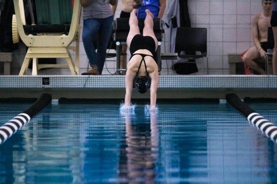 Senior Abby Heaton dives into the pool during the 50 Yard Breaststroke.  Heaton swam a time of 36.84 and placed 5th in her event.  