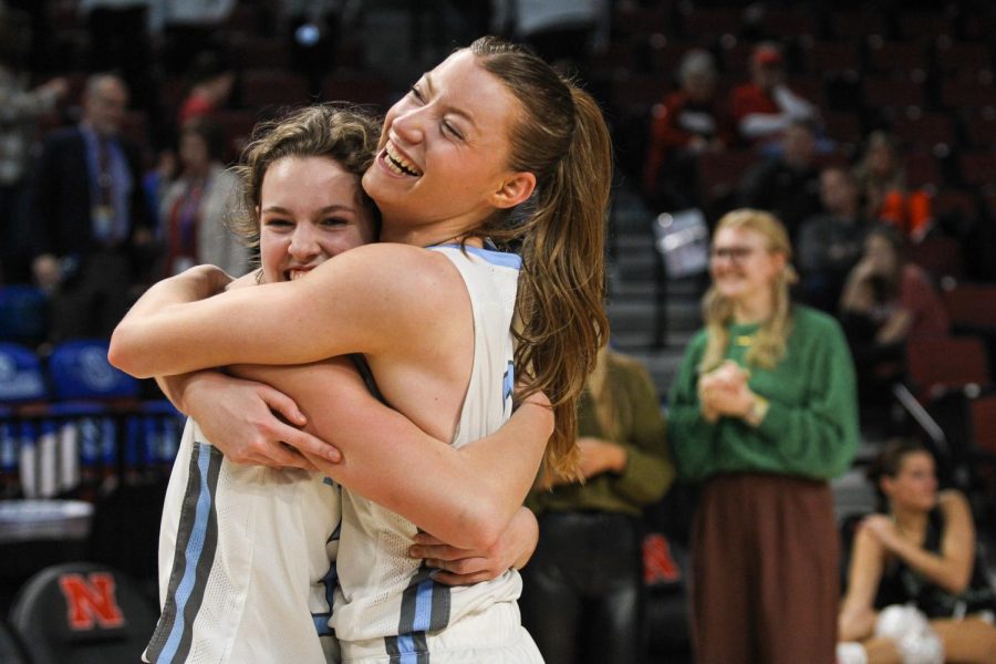 Teammates Murphy and Heaney celebrating after winning the Class B State Championship game against Skutt Catholic.