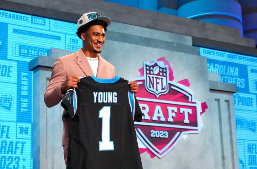 Alabamas+Bryce+Young%2C+the+number+one+overall+pick%2C+holds+a+Carolina+Panthers+jersey+following+his+selection