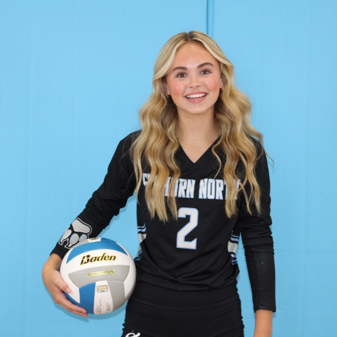 Reagan Gurzik at Elkhorn North media day for volleyball on August 14, 2023 in the aux gym. She is the libero and defensive specialist for JV. Photo courtesy of Ryan Wolf.