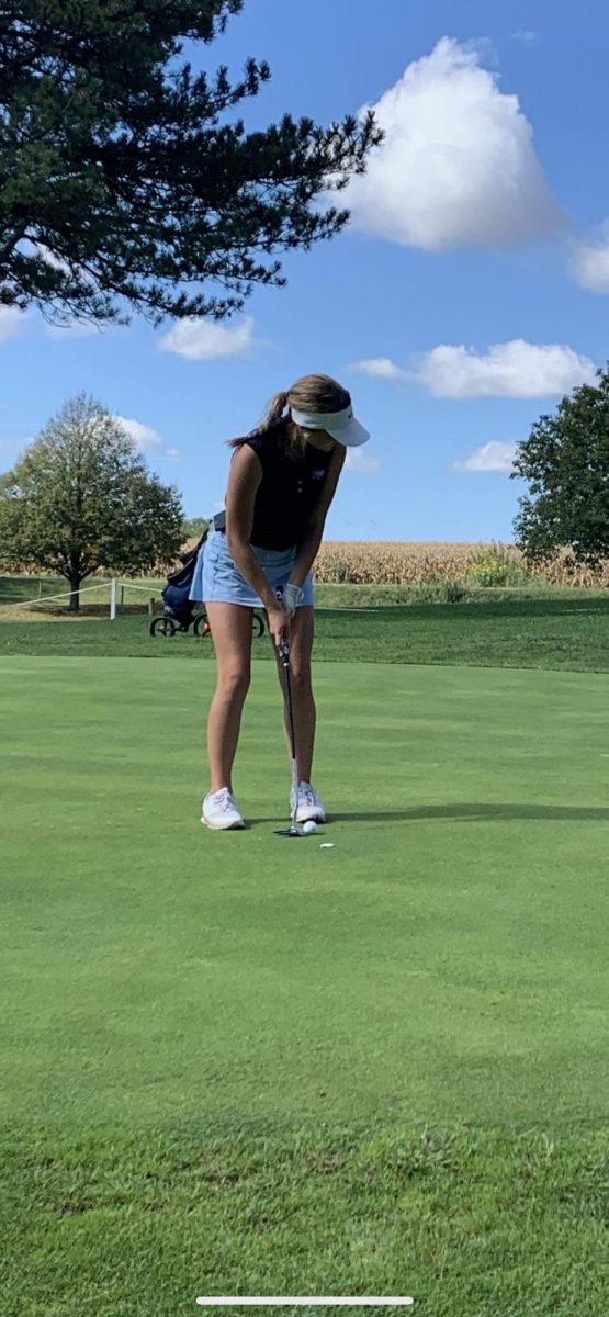 Harper Wills participates in JV golf tournament at Grandpas Woods on September 25, 2023.  Wills was looking to stay on par with the course.  Photo courtesy of Coach Seger.