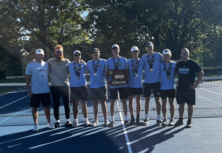 Elkhorn North poses with the state championship trophy. This is the first state title for the boys tennis team. Photo courtesy of the NSAA.