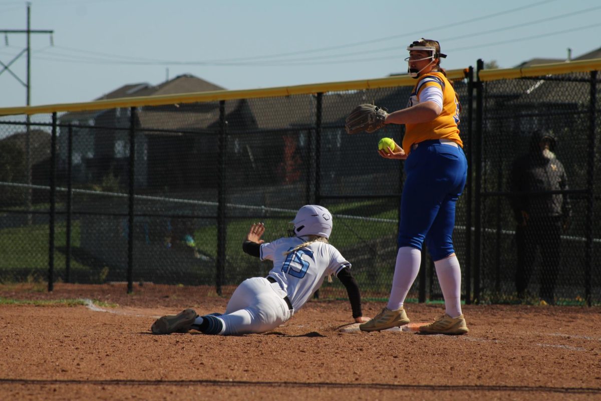 Kamerin Turner being called safe after sliding back to first base on October 6, 2023. Turner has a younger sister Mia who is on varsity softball as well 