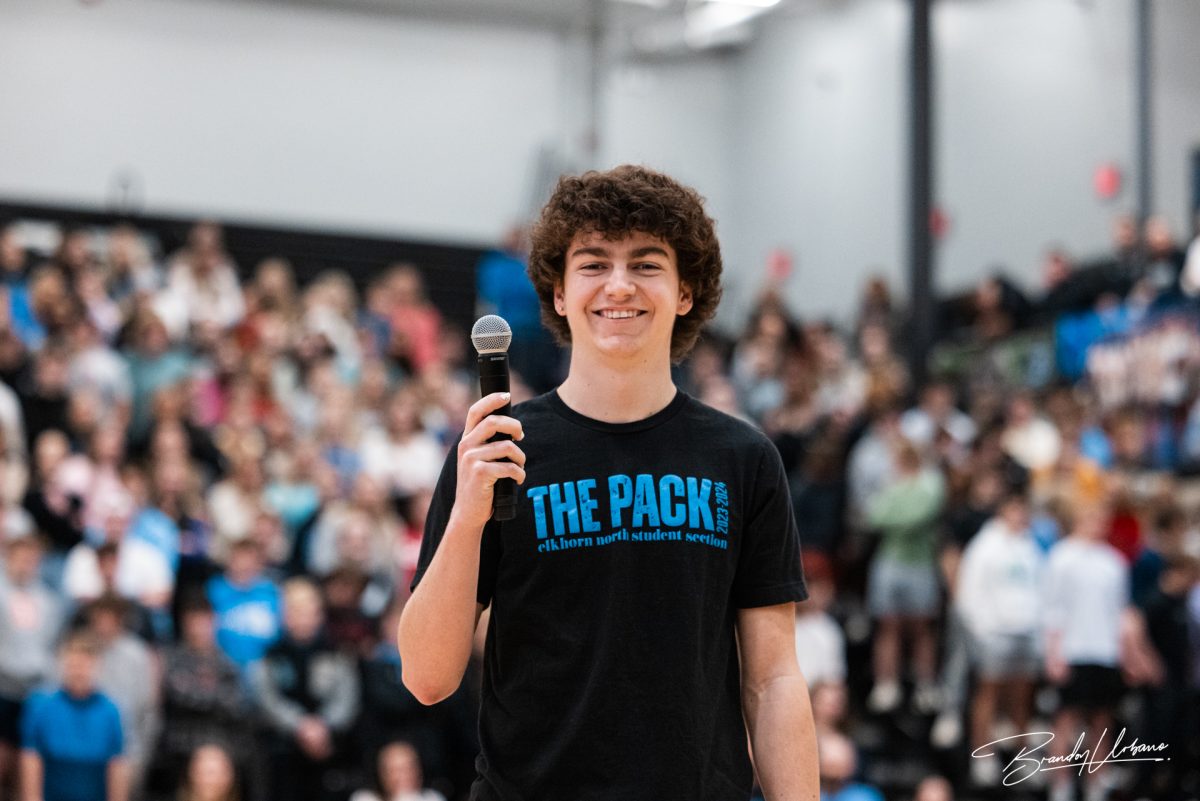 Senior Colin McMahon holds the microphone before he speaks. He was the MC at the winter pep rally on Dec. 8th 2023.