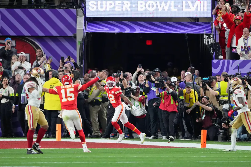 Patrick Mahomes throws the game winning touchdown to Mecole Hardman to win Super Bowl 58 on February 11.  