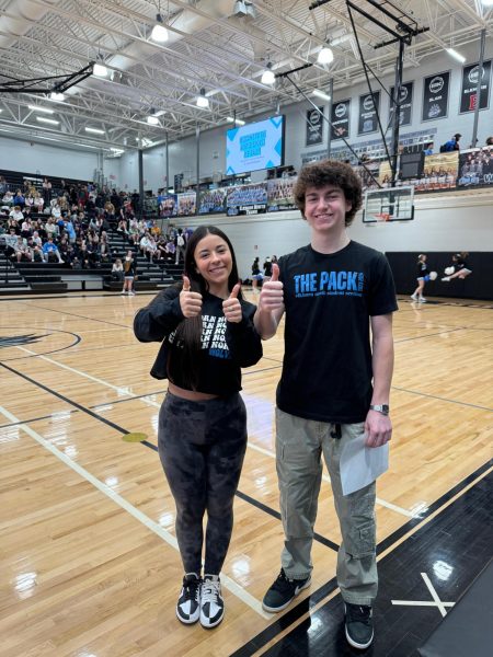 Seniors Ellie Cannon and Colin McMahon prepare to host the winter sports pep rally on Dec. 8, 2023. The Pack is lead by Cannon and Ava Spies.