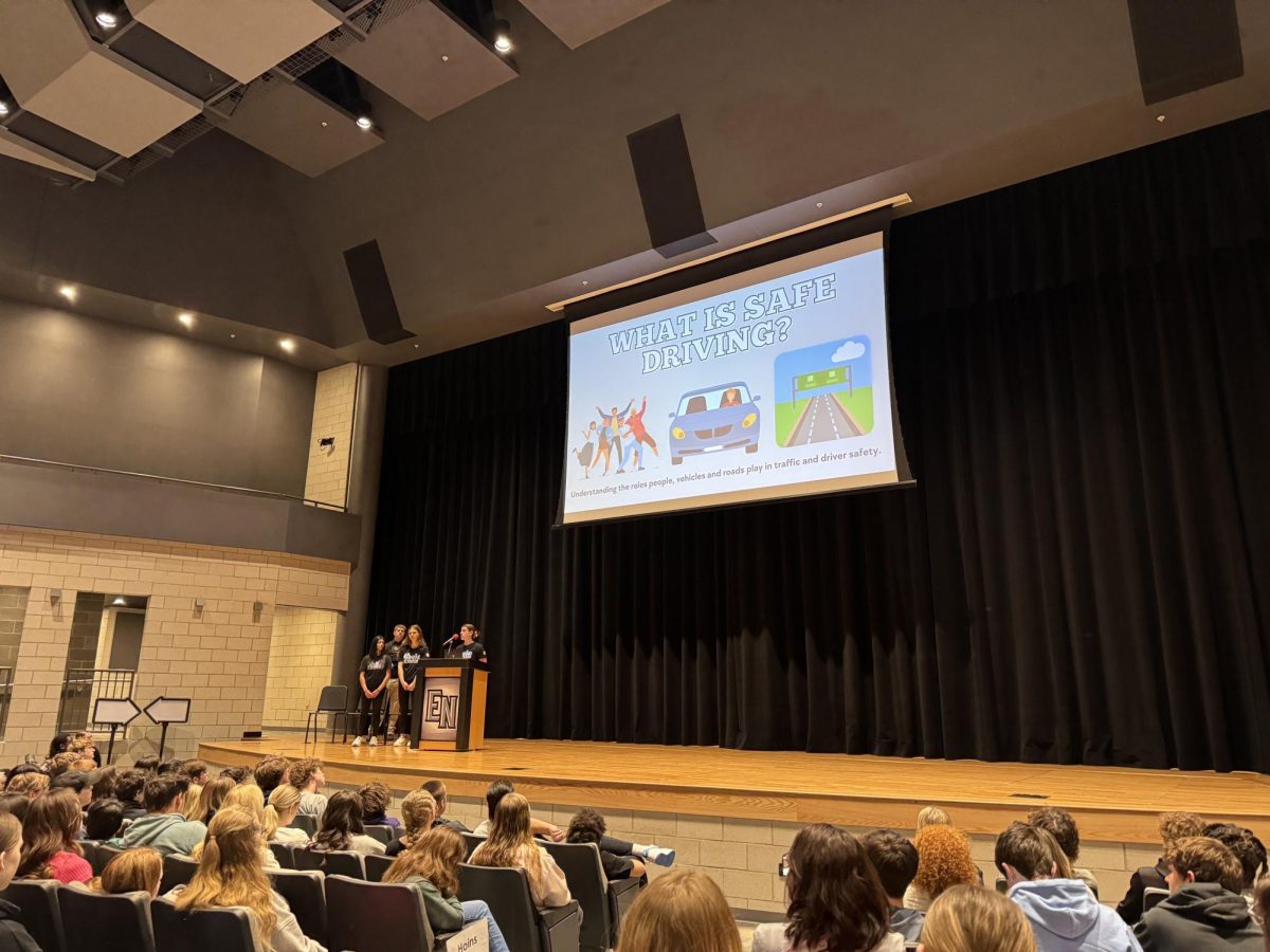 FCCLA members Ashleigh George, Grace Jesske, and Courtney Hagestad present to the student body about the importance of safe driving. Deputy Weaver also shared stories with the freshman and sophomores in attendance.