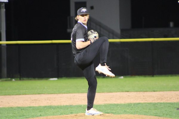 Senior Colin Nowaczyk (11) closing out the game on the mound for the Wolves. He pitched the last three innings and gave up zero hits while at the at the mound which brought the game to a close with an 8-4 win over Norris High School on April 29, 2024.