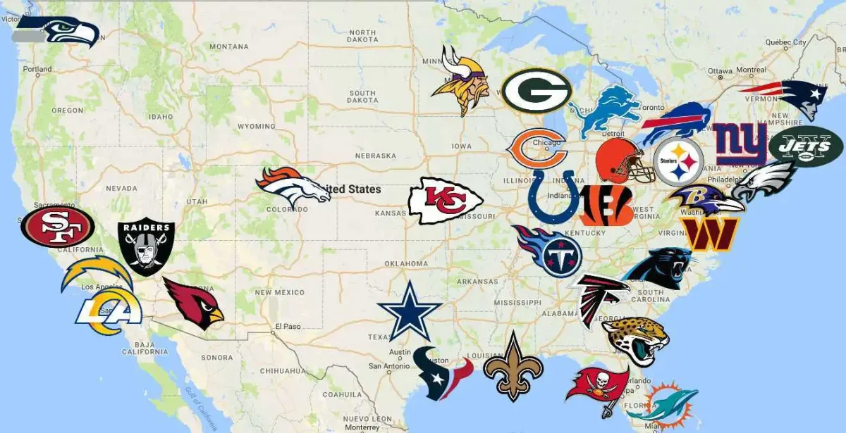 Every NFL teams logo on a map of the United States to show the general location of where each team is at. It is possible that in the near future the NFL will have teams overseas, which means the map might include international countries.