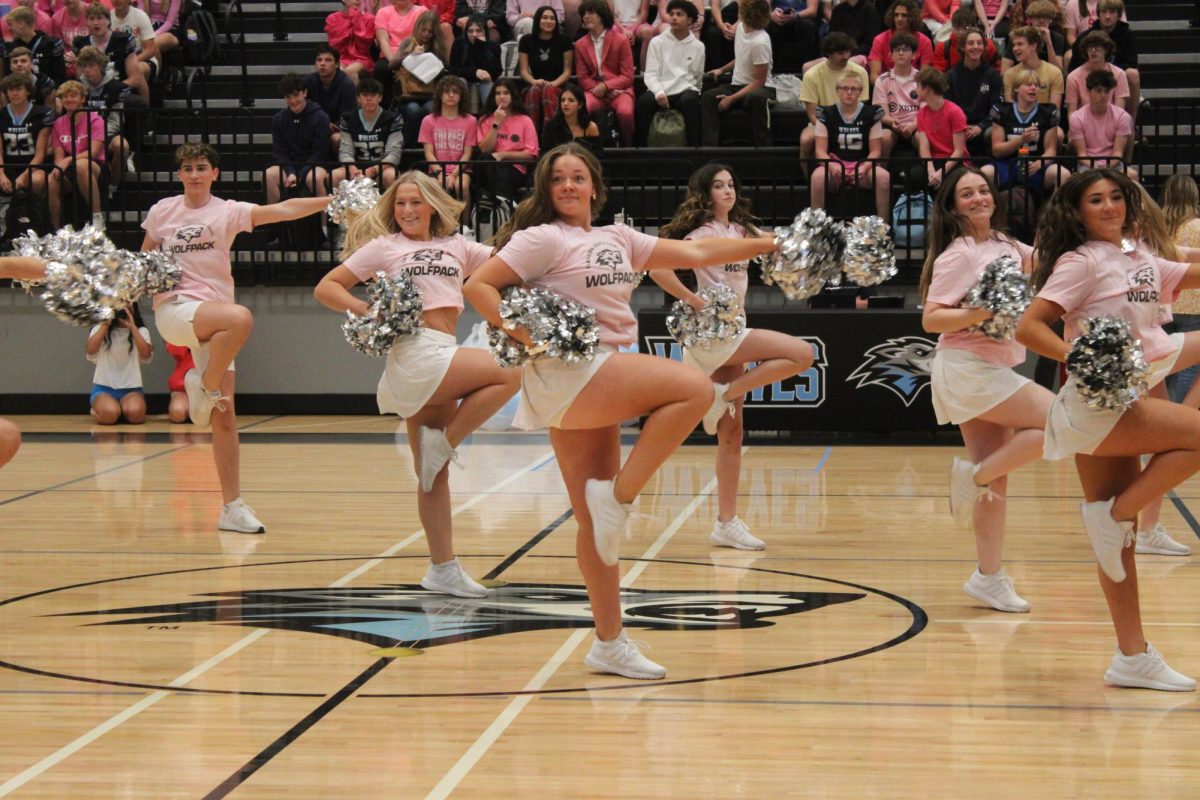 Dance team performs on the gym floor. The dancers were in sync and coordinated. 