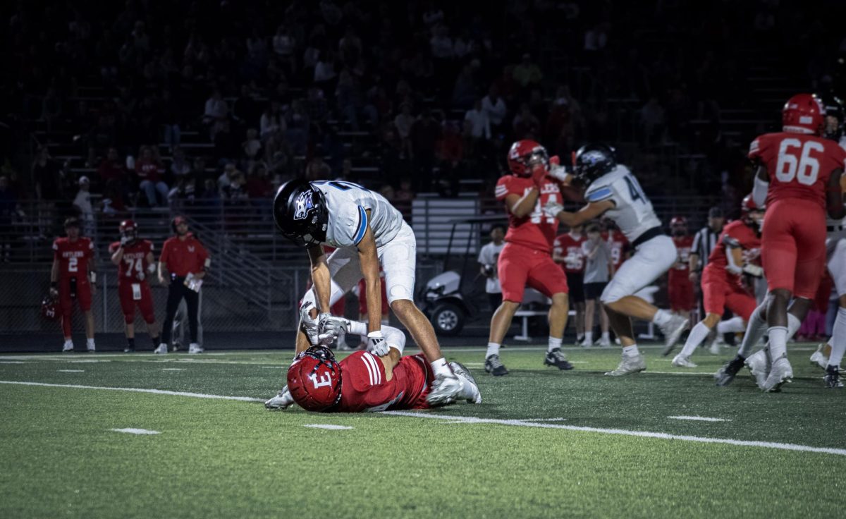 Noah Ford (26) pushes an Antler into the ground. He got an blindsided block penalty.