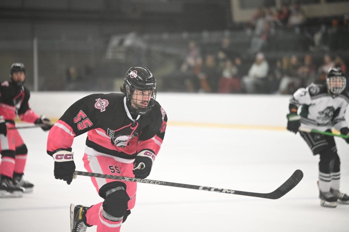 Gianni Bianchetti skates to the puck during an OJL (Omaha Junior Lancers) game on Nov. 4, 2024. They played against the Cedar Rapids Rough Riders, winning 5-1. Photo courtesy of Gianni Bianchetti