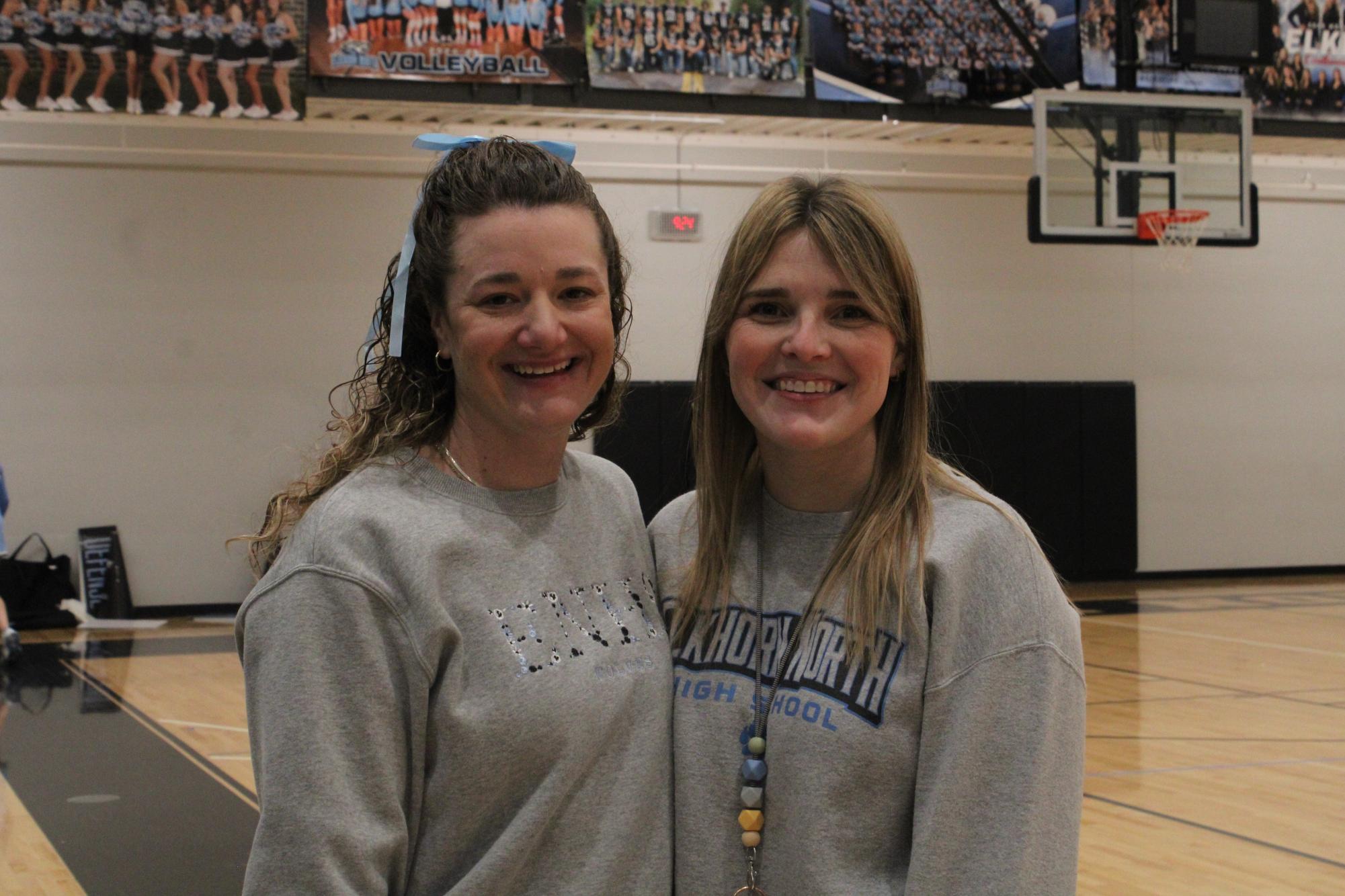 Teachers [left to right] Ms. Sims and Ms. Healy pose together when the pep rally ends. A special thanks to them because the pep rally would not have been possible. 