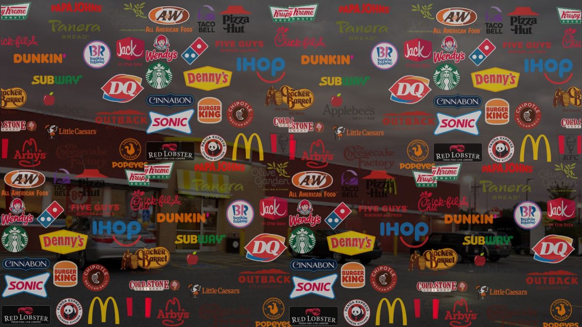 Image of the McDonald's on 168th and Maple with many logos of fast food restaurants in front of it.