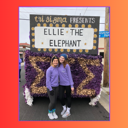 Science teacher Cheyanne Zelei standing with her friend at an event hosted by her sorority. This was an "Ellie The Elephant" event.