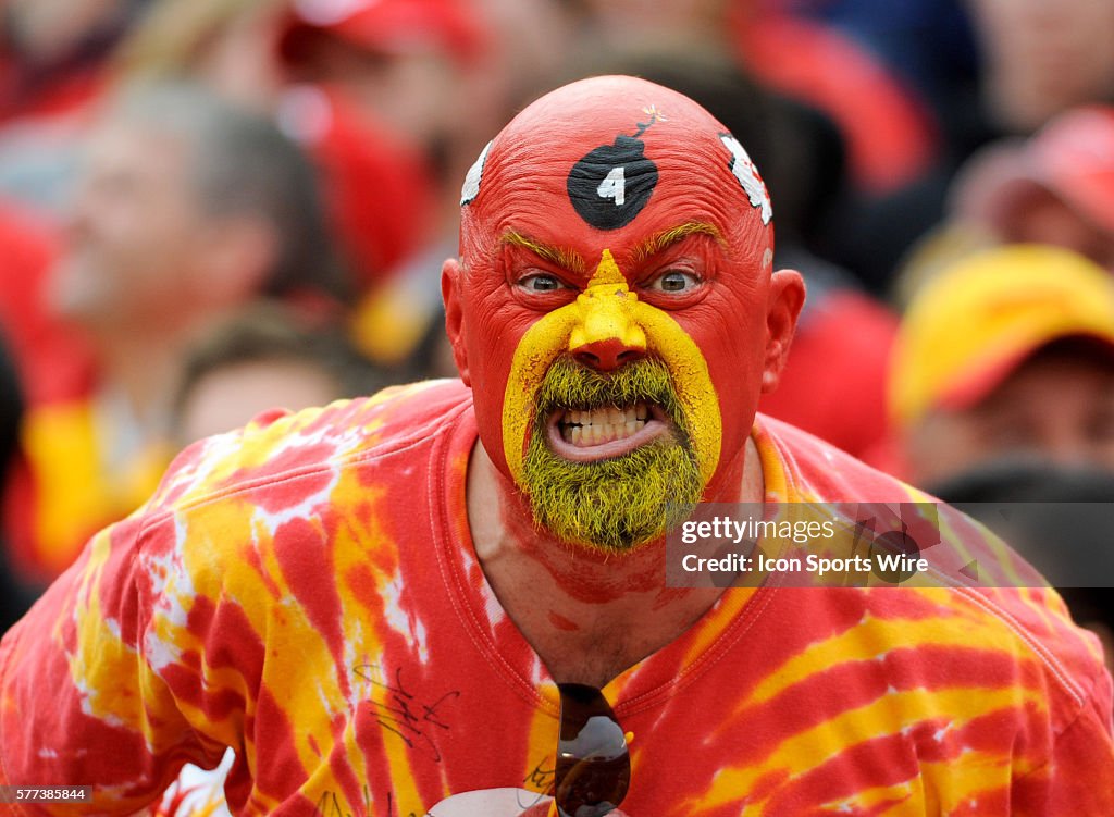 23 November 2008: A Kansas City Chiefs fan shows off his painted face in the first half against the Buffalo Bills. The Bills beat the Chiefs 54-31 at Arrowhead Stadium in Kansas City, Mo. Photo courtesy of Corbis/Icon_Sportswire_via_Getty