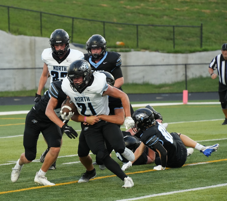 Junior running back Andersen Taylor breaking tackles in the Gatorade scrimmage on August 29, 2025. Photo courtesy of Renee Vokt