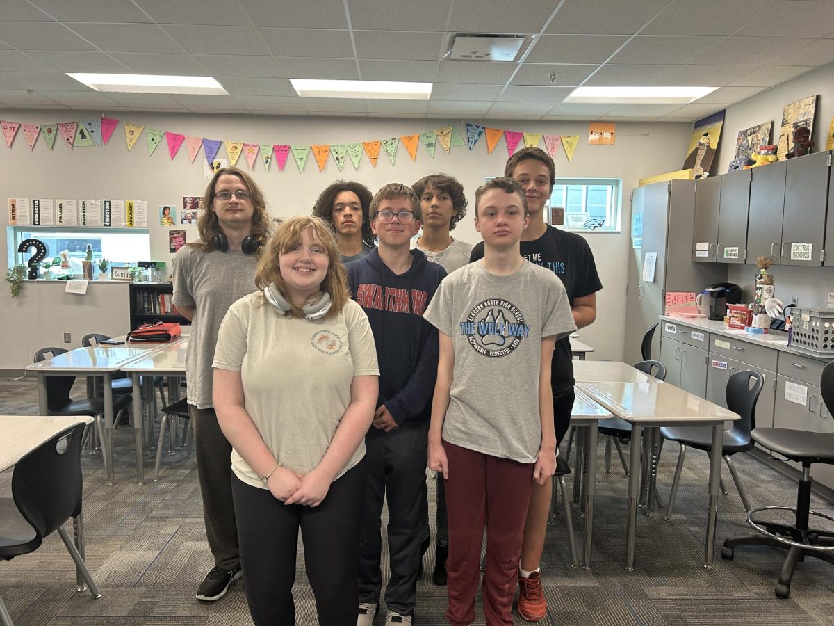 Current members of Tabletop Games,  Noah Elkins, Morgan Lavin, Caleigh Buck, Kian Ahan, Quinn Schneider, John Lorimor, before a session of Dungeons and Dragons. Members met in Mrs. Honz's room to create characters for their Dungeons and Dragons Campaign. Photo courtesy of Kelly Honz