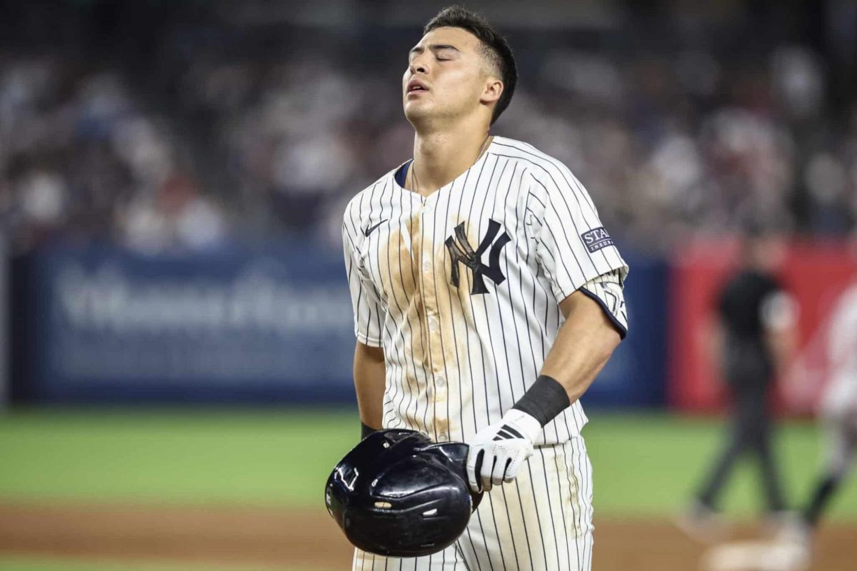 Yankees shortstop Anthony Volpe upset after an error. Volpe has been underwhelming for the Yankees. Photo courtesy of Wendell Cruz of USA Today.
