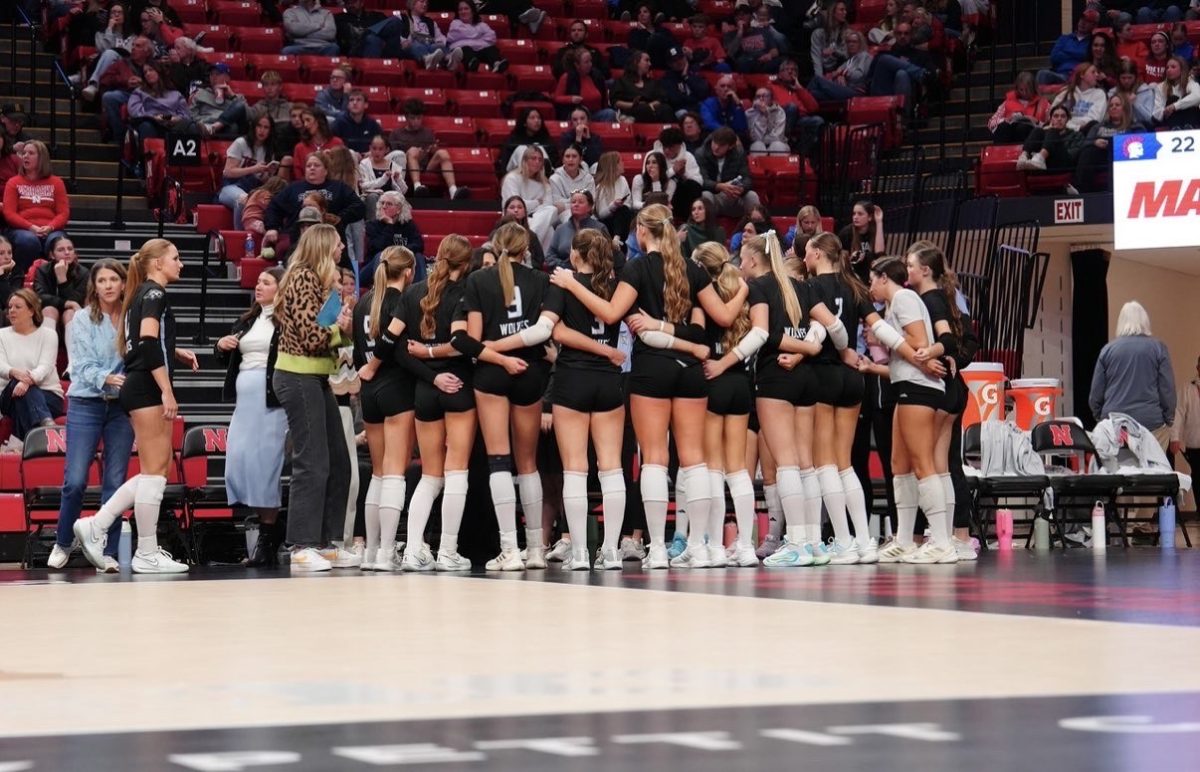 Wolves volleyball in a team huddle during the game against Norris. 