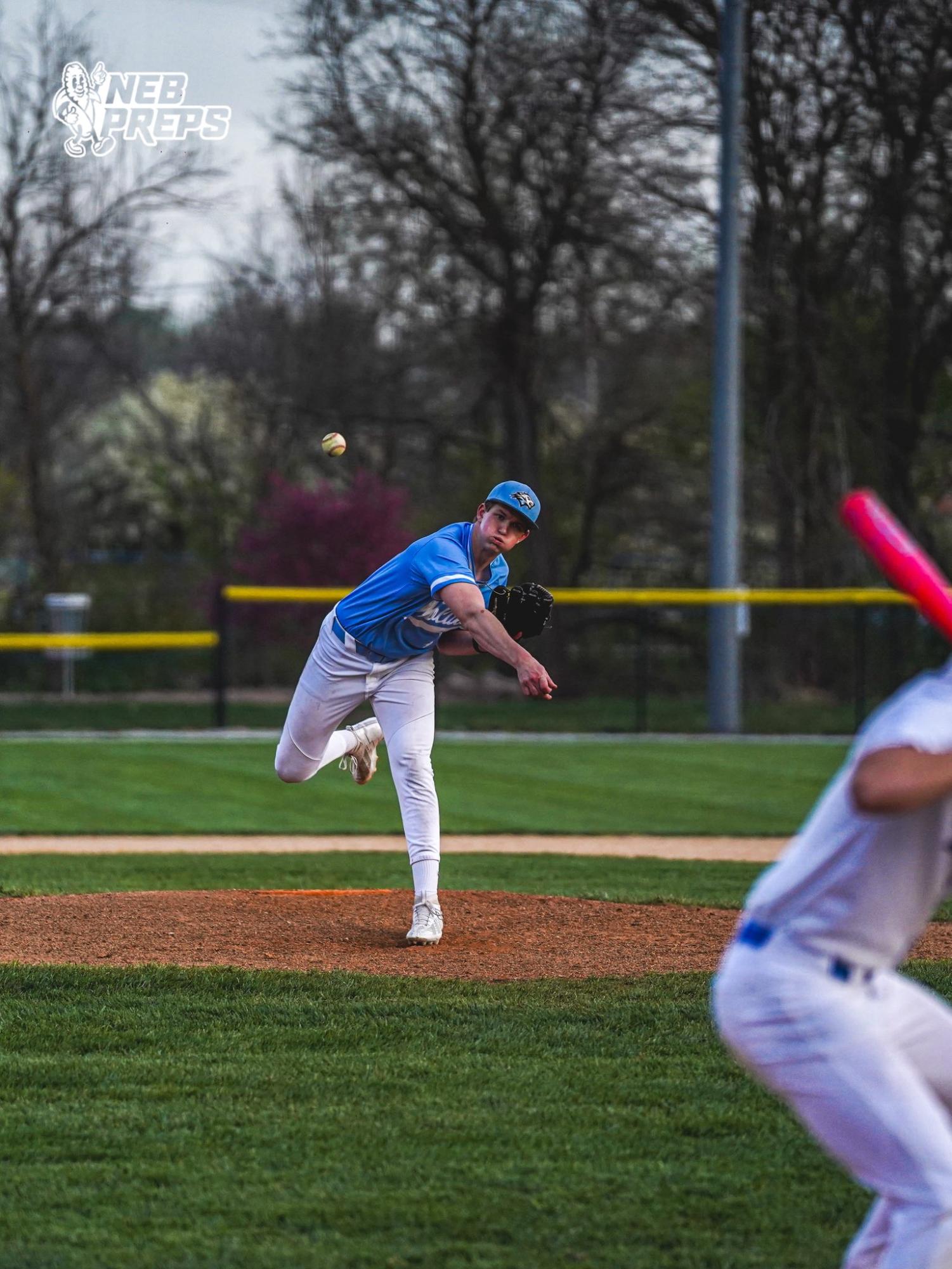 Senior Jack Settles pitching against Bennington. The Wolves won this game 2-1. Photo courtesy of Nebraska Preps